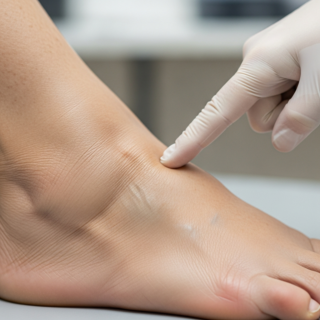 Ảnh chụp cận cảnh lâm sàng cho thấy tình trạng phù nhẹ, một dấu hiệu sớm của bệnh thận, với ngón tay của bác sĩ ấn vào mắt cá chân bị sưng của bệnh nhân.