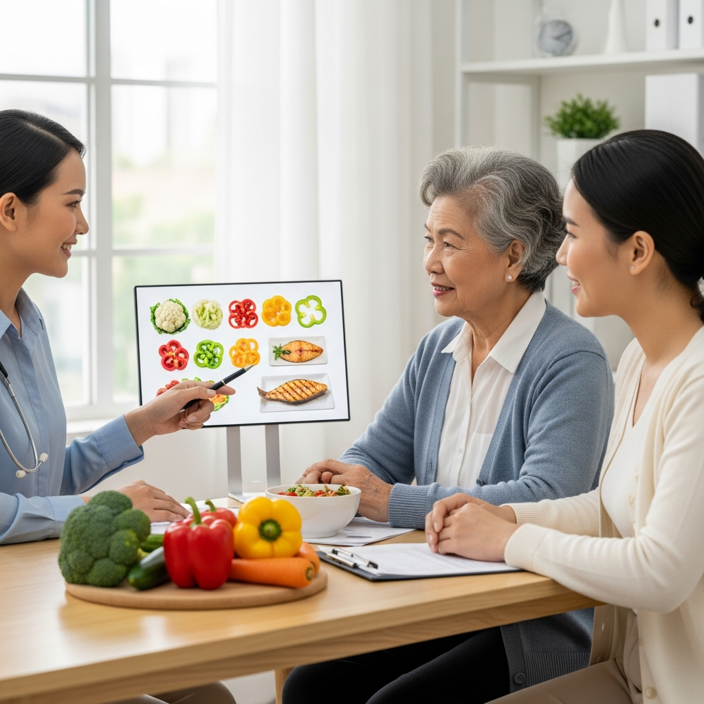 Một chuyên gia dinh dưỡng đang thảo luận về chế độ ăn uống thân thiện với thận cùng một bệnh nhân nữ lớn tuổi và con gái của bà, chỉ cho họ những lựa chọn thực phẩm lành mạnh trong một môi trường y tế hỗ trợ.