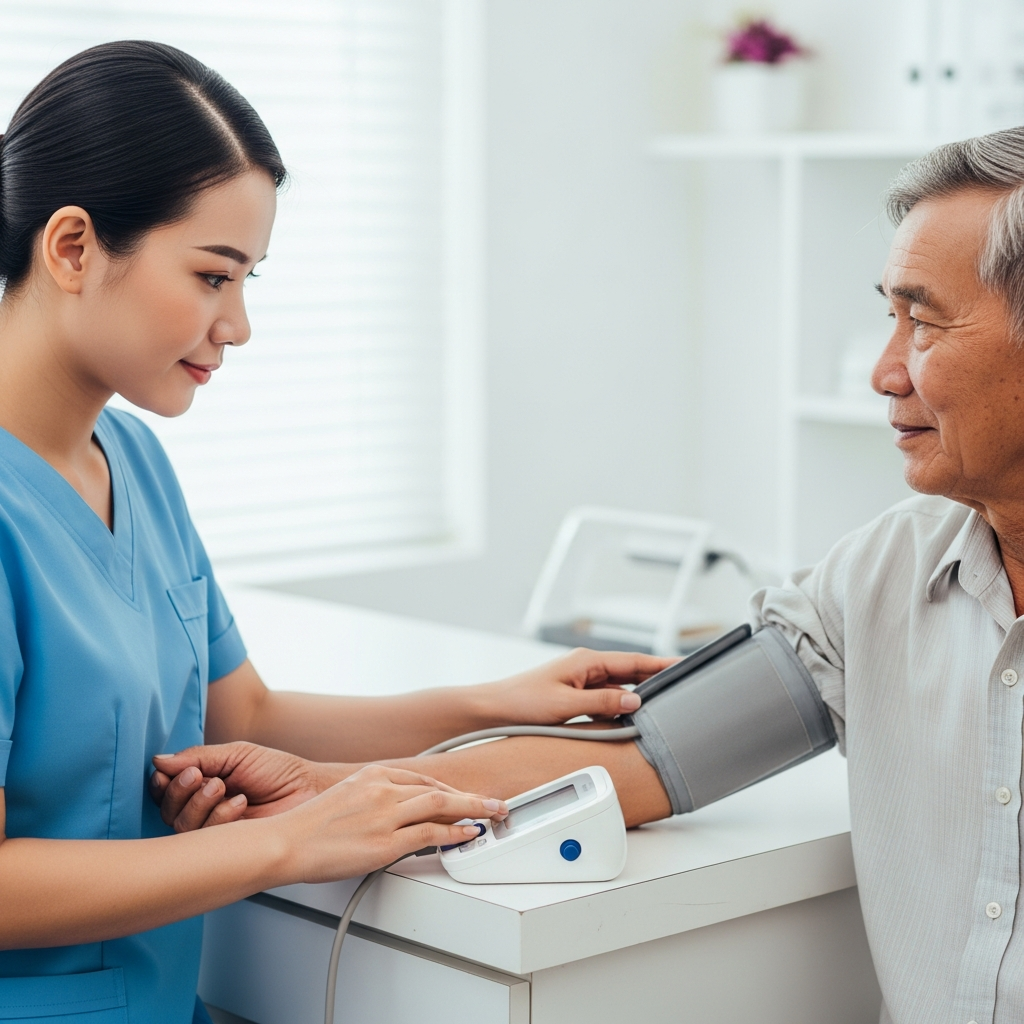 Một bác sĩ đang đo huyết áp cho một bệnh nhân cao tuổi, minh họa tầm quan trọng của việc kiểm soát các bệnh nền như tăng huyết áp để phòng ngừa suy thận.