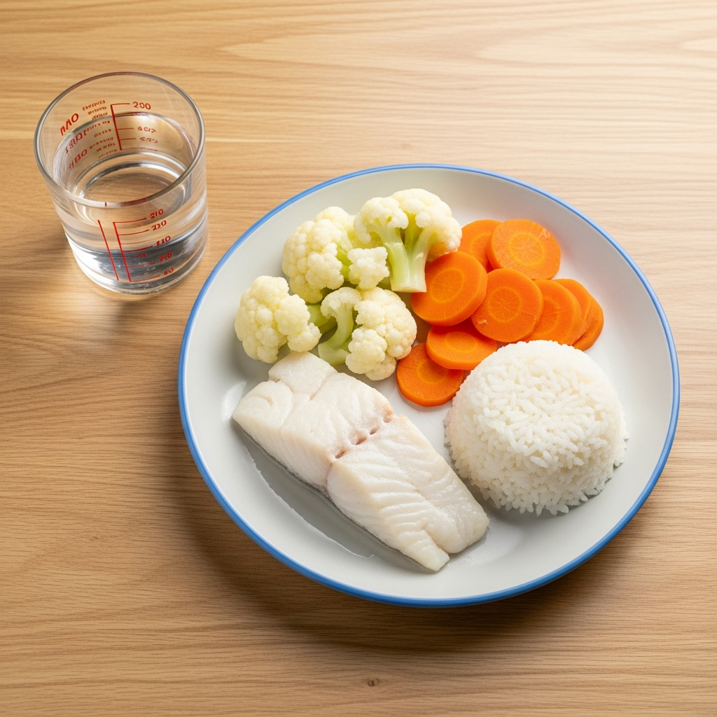 Một bữa ăn khoa học dành cho người bệnh thận, bao gồm cá hấp, cơm trắng và rau củ luộc, được trình bày sạch sẽ và hấp dẫn, thể hiện chế độ dinh dưỡng ít muối và đạm.