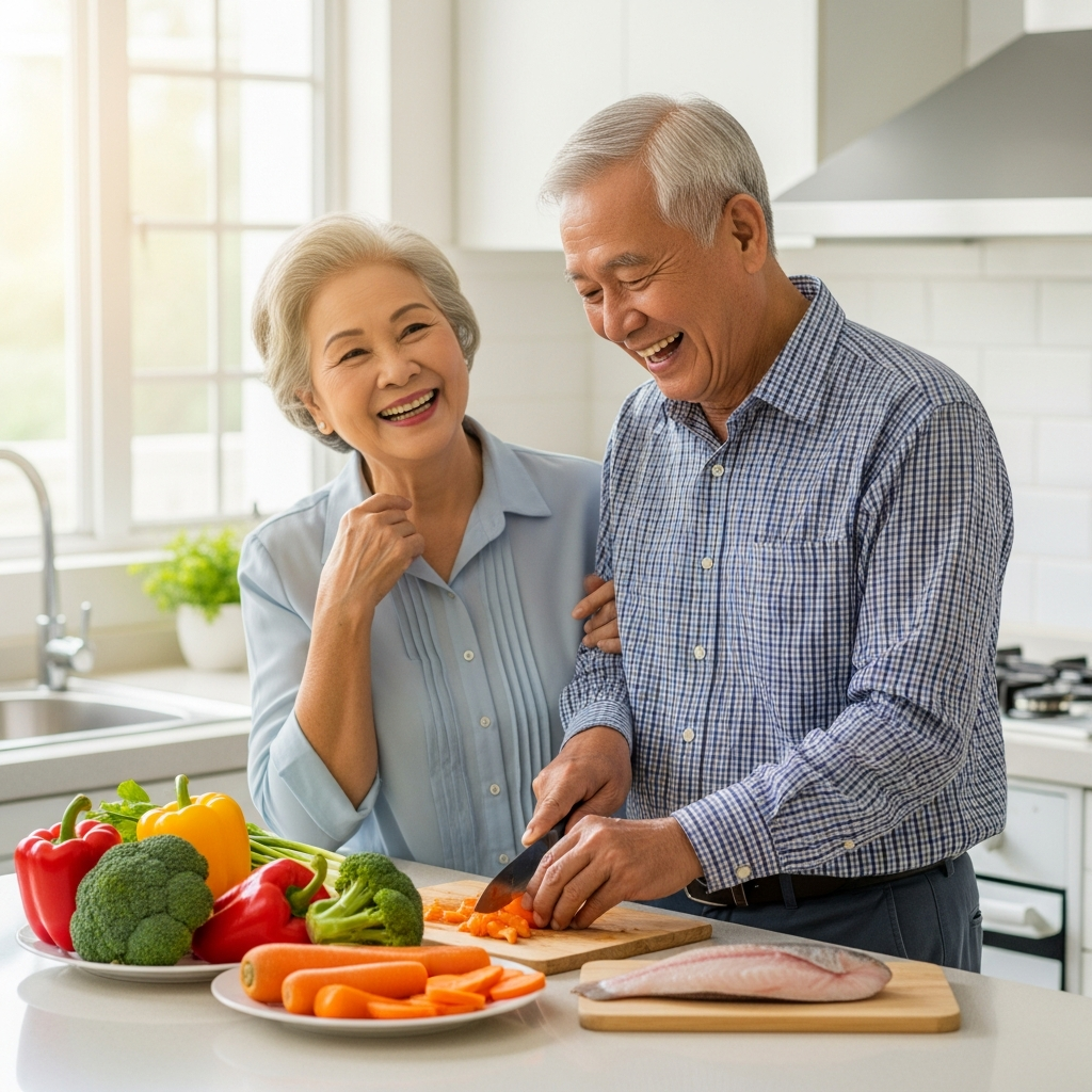 Một cặp vợ chồng lớn tuổi đang vui vẻ chuẩn bị bữa ăn lành mạnh với nhiều rau củ tươi và cá, thể hiện một chế độ ăn uống giúp bảo vệ sức khỏe thận.