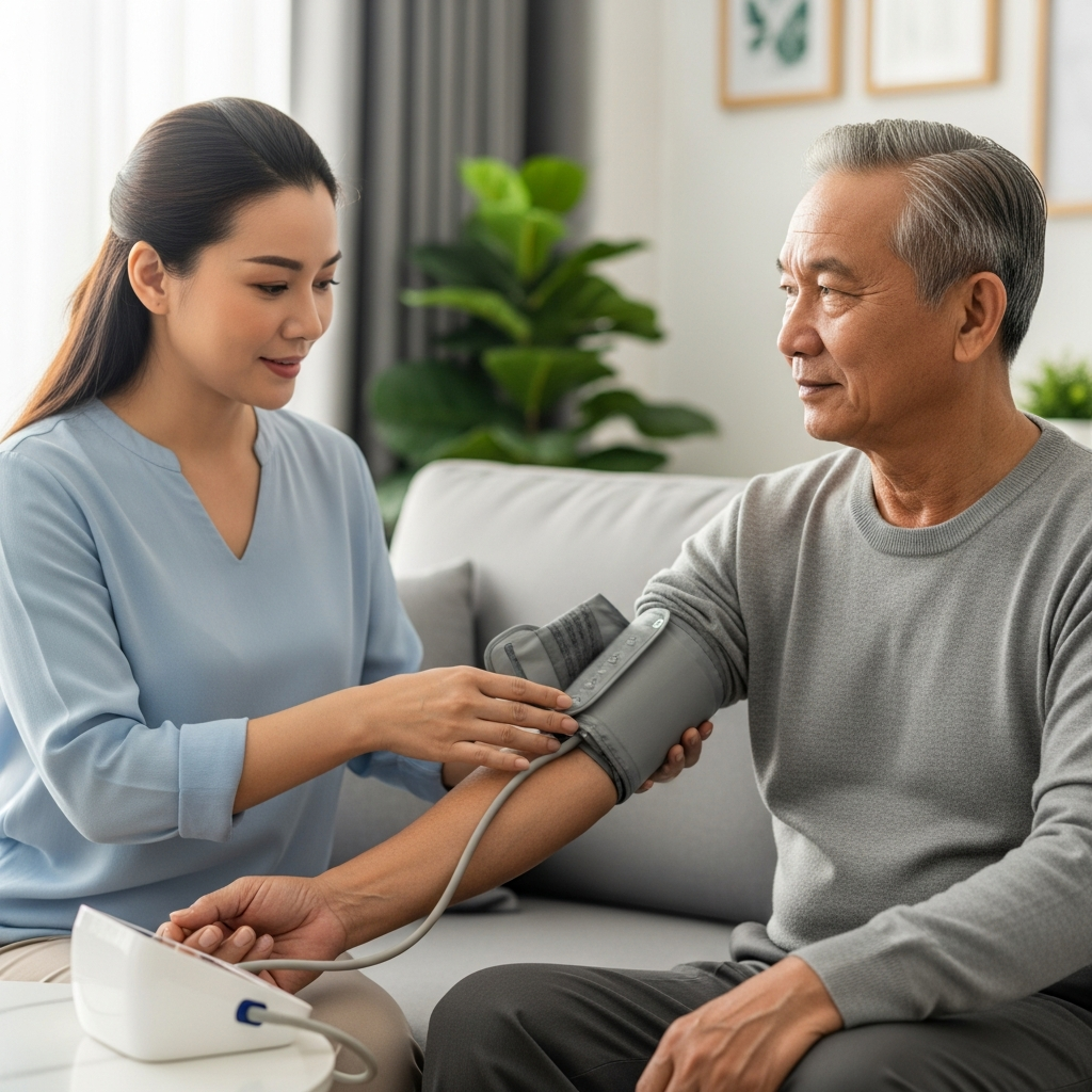 Một người con gái đang ân cần đo huyết áp cho người cha lớn tuổi tại nhà bằng máy đo điện tử, thể hiện sự quan tâm và theo dõi sức khỏe hàng ngày cho người bệnh thận.