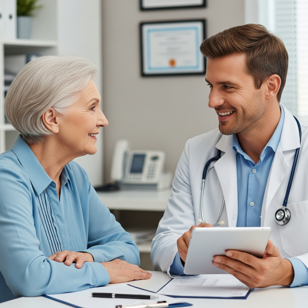 Bác sĩ đang tư vấn cho một bệnh nhân cao tuổi trong buổi khám sức khỏe định kỳ, nhấn mạnh tầm quan trọng của việc xét nghiệm và phát hiện sớm các vấn đề về thận.