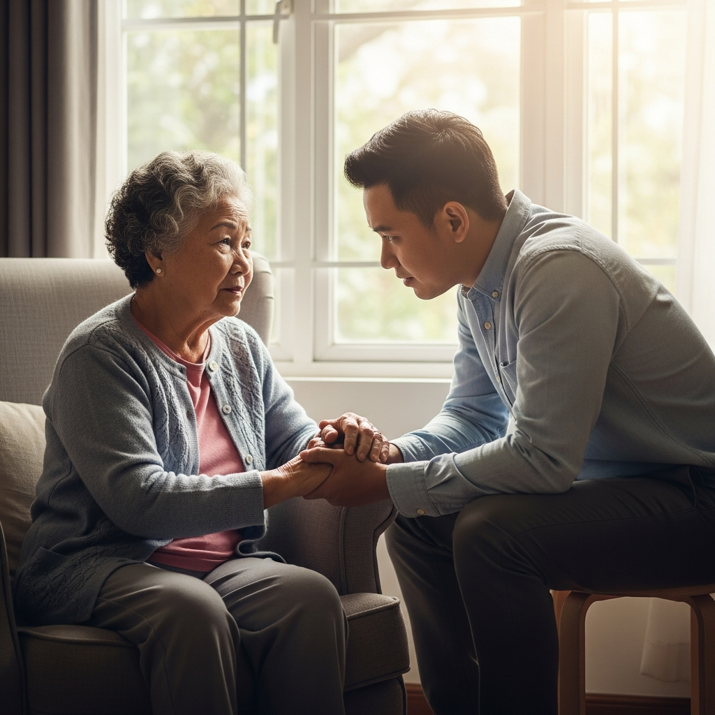 Người chăm sóc đang ngồi bên cạnh, lắng nghe và nắm tay một người bệnh lớn tuổi, thể hiện sự đồng cảm và hỗ trợ về mặt tinh thần và tâm lý.
