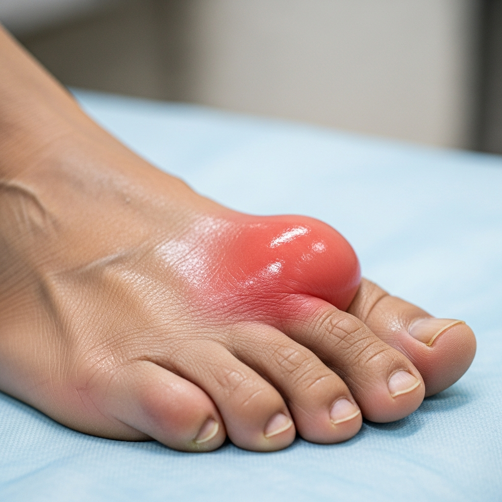 Cận cảnh khớp ngón chân cái của một người cao tuổi bị sưng to, tấy đỏ và da căng bóng, một dấu hiệu điển hình của cơn gout cấp.