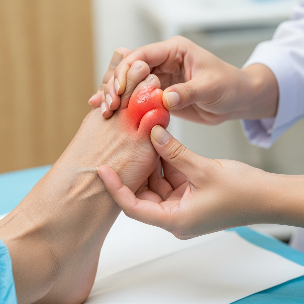 Hình ảnh cận cảnh bác sĩ chuyên khoa cơ xương khớp đang nhẹ nhàng thăm khám ngón chân cái sưng đỏ của một bệnh nhân lớn tuổi bị gút, thể hiện rõ triệu chứng của bệnh.
