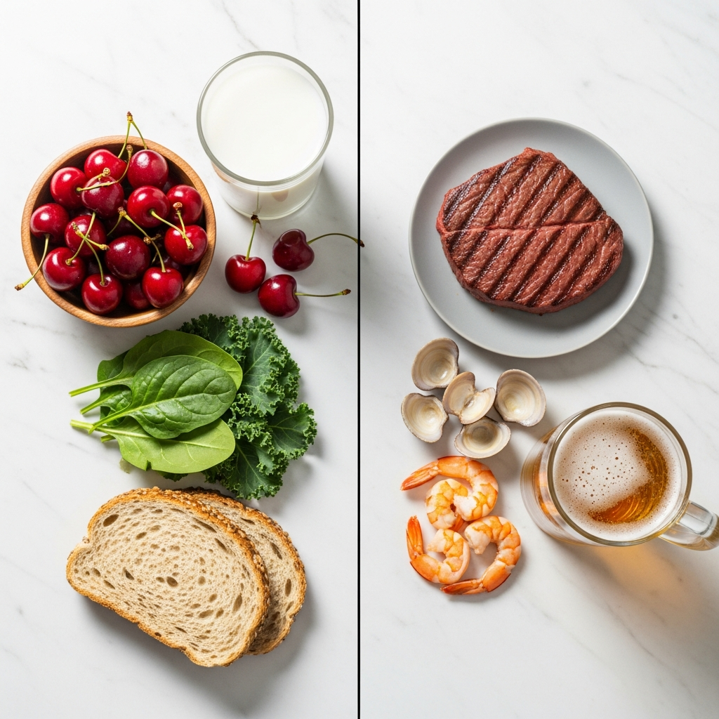 A comparison photo showing foods for a low-purine diet on the left (cherries, greens, milk) and high-purine foods to avoid on the right (red meat, shellfish, beer).