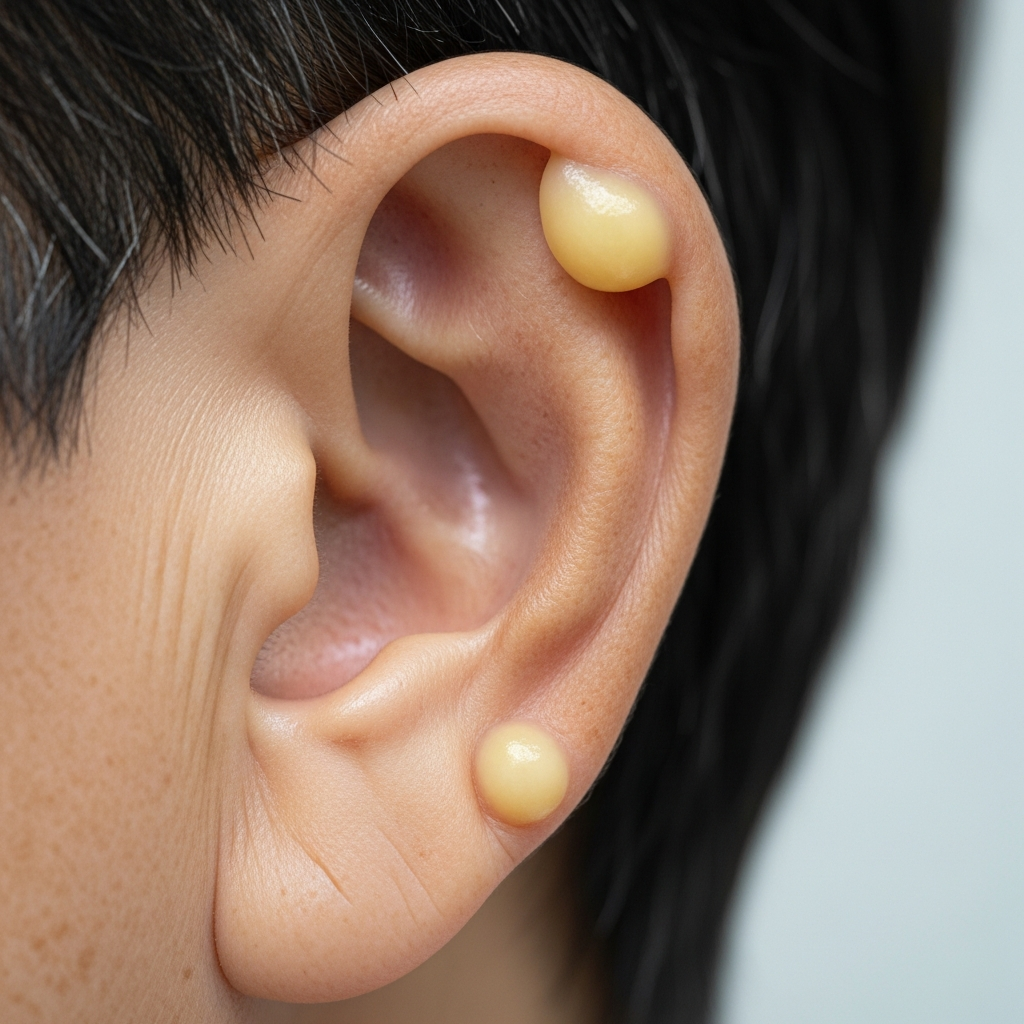 Hình ảnh cận cảnh hạt tophi, là những nốt sần cứng màu trắng nổi lên dưới da trên vành tai, một dấu hiệu của bệnh gout mạn tính.