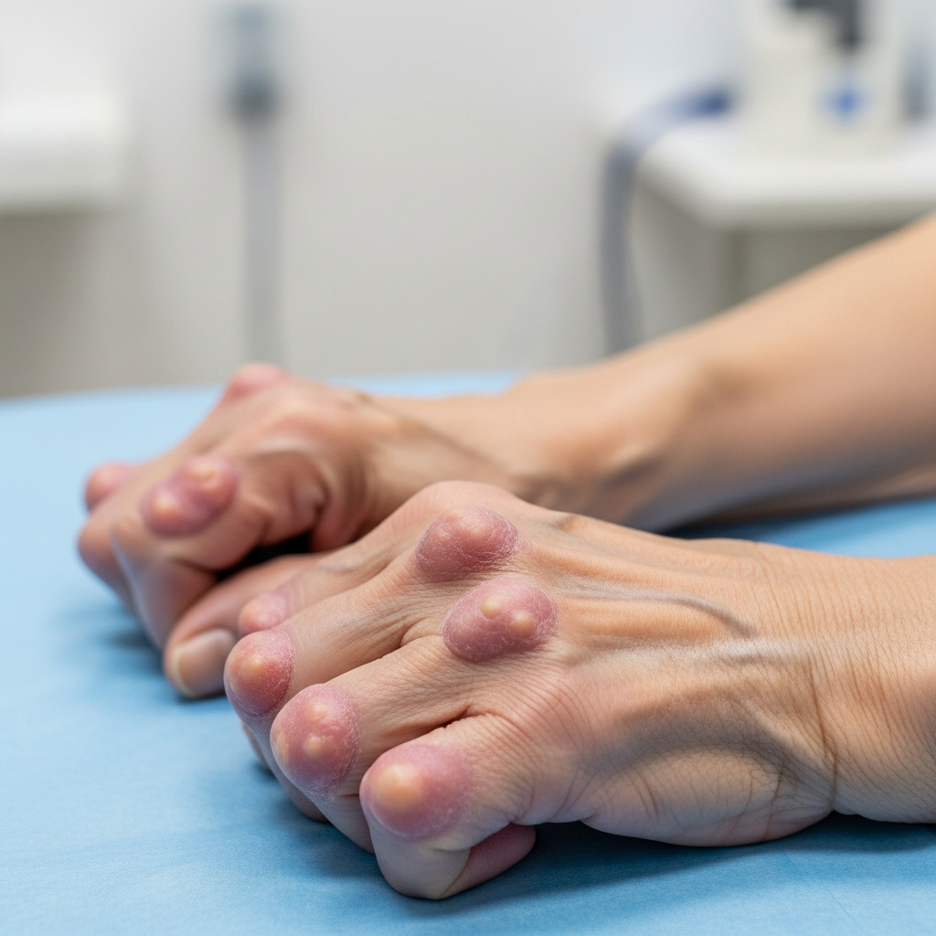 Close-up clinical photograph of an elderly person's hand showing hard, pale lumps known as tophi around the finger joints, a common sign of chronic gout.