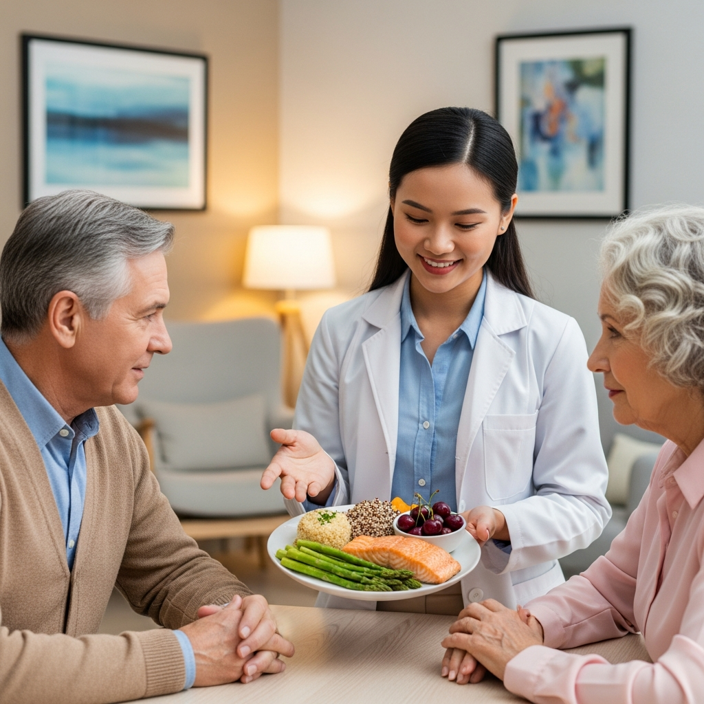Một chuyên gia dinh dưỡng đang tư vấn và giới thiệu một đĩa thức ăn lành mạnh, ít purine cho một cặp vợ chồng lớn tuổi để kiểm soát bệnh gút.