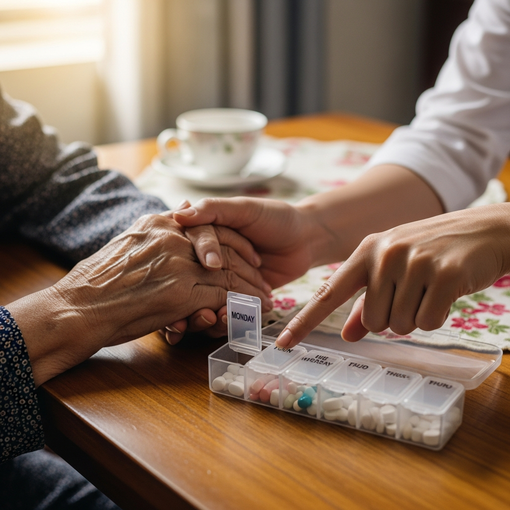 Một người chăm sóc đang hướng dẫn người cao tuổi sử dụng hộp chia thuốc hàng tuần, thể hiện sự quản lý thuốc chặt chẽ và an toàn.