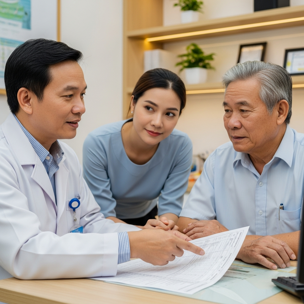An elderly Vietnamese man and his daughter listen carefully as a doctor explains his health results in a bright and reassuring clinic setting.