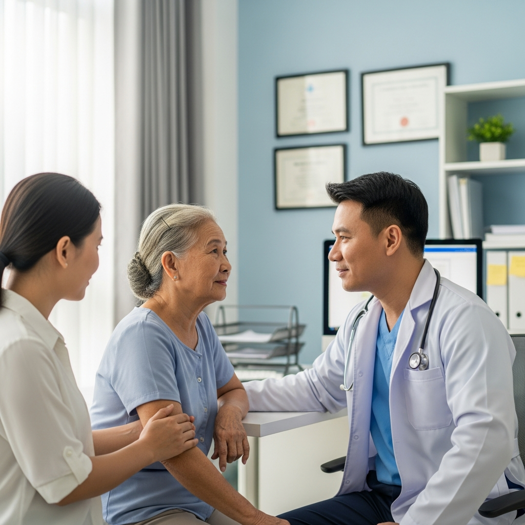 Một bác sĩ chuyên khoa đang ân cần tư vấn cho một bệnh nhân nữ cao tuổi và người nhà, nhấn mạnh tầm quan trọng của việc đi khám sớm khi có dấu hiệu bệnh gout.