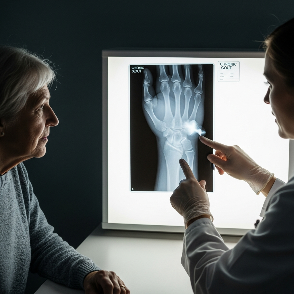 A doctor points out joint damage and bone erosion on an X-ray to an elderly patient, illustrating a serious complication of chronic gout.