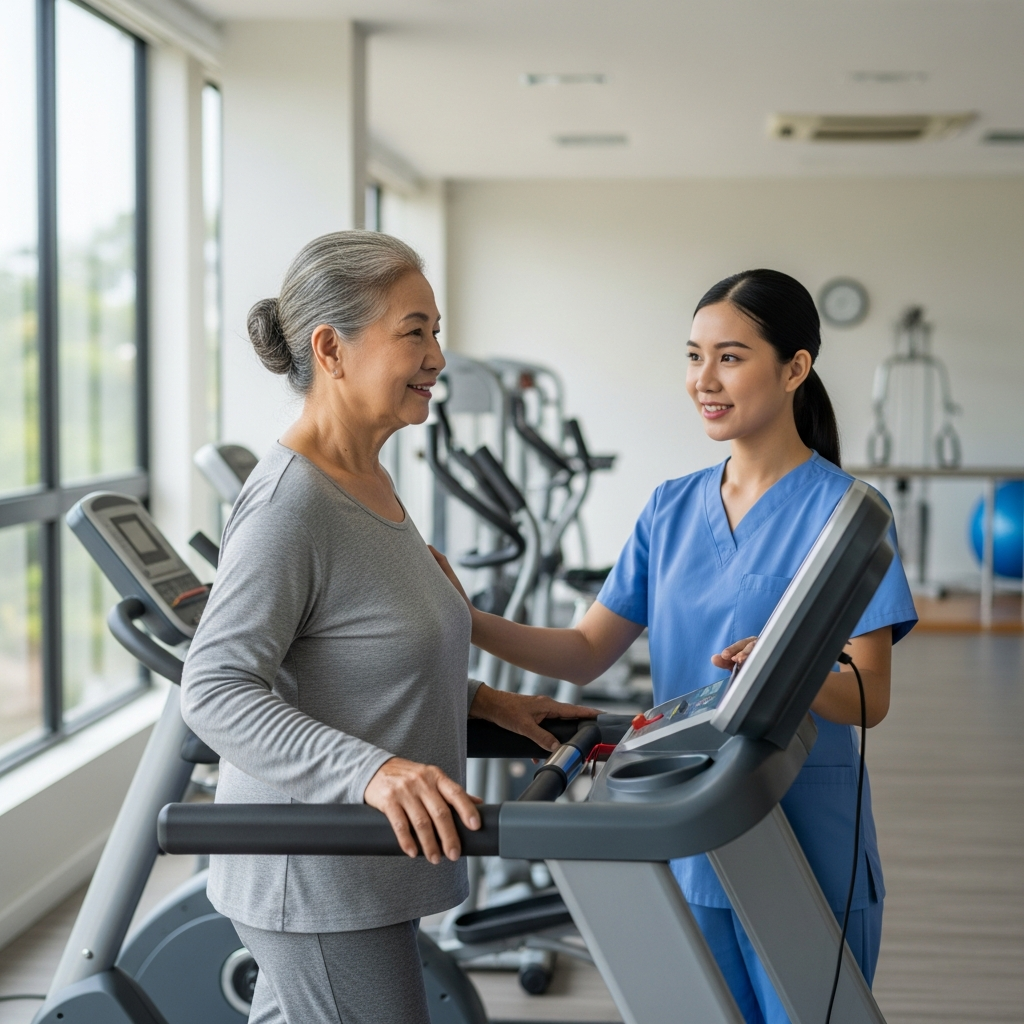 Một bệnh nhân gút lớn tuổi đang tập đi bộ trên máy chạy bộ dưới sự giám sát của chuyên gia vật lý trị liệu, nhấn mạnh tầm quan trọng của vận động.