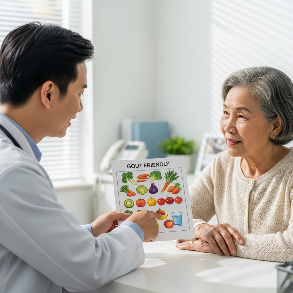 An elderly patient and their doctor are sitting together discussing a nutrition plan for managing gout, highlighting the importance of lifestyle changes in treatment.