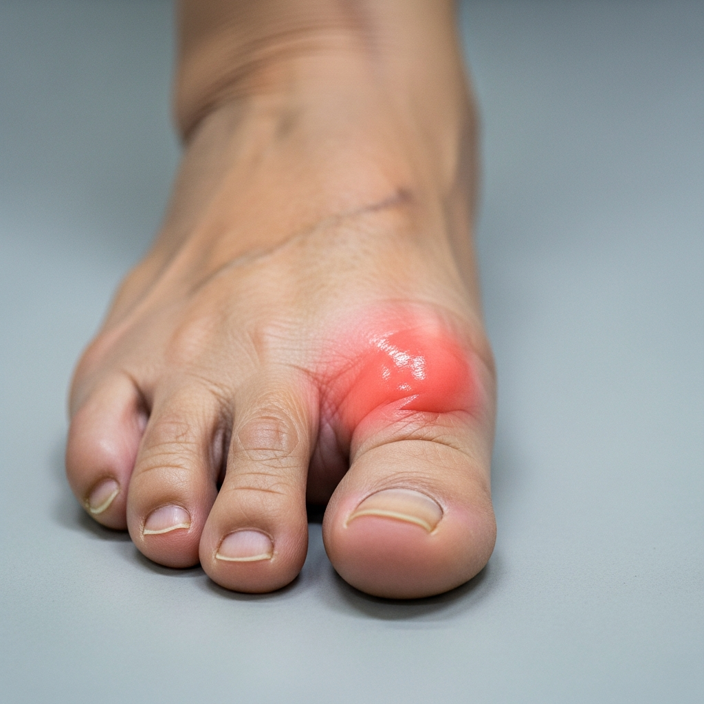 Cận cảnh khớp ngón chân cái của người lớn tuổi bị sưng to, tấy đỏ và da căng bóng, là triệu chứng điển hình của một cơn gout cấp tính.