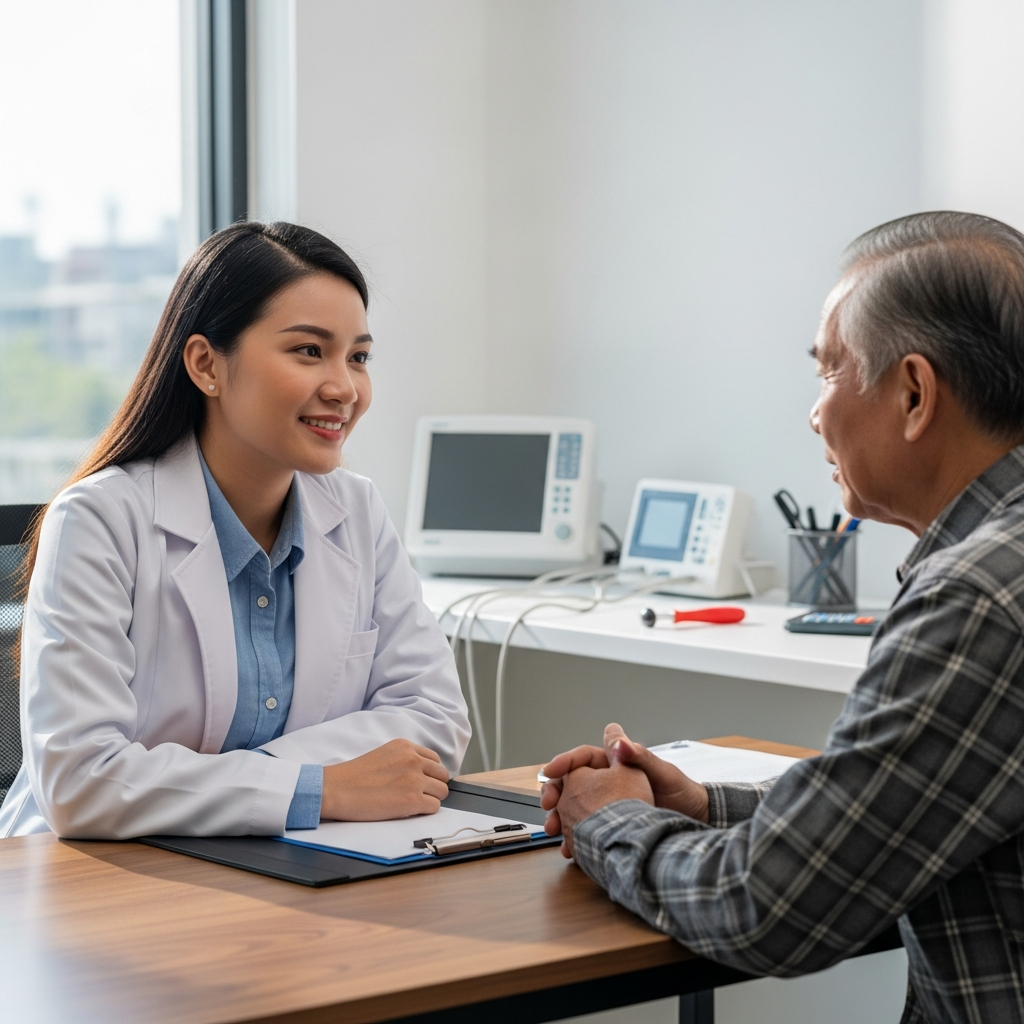 Một bác sĩ đang ân cần lắng nghe và tư vấn cho một bệnh nhân lớn tuổi về tình trạng bệnh gout trong một phòng khám chuyên nghiệp.