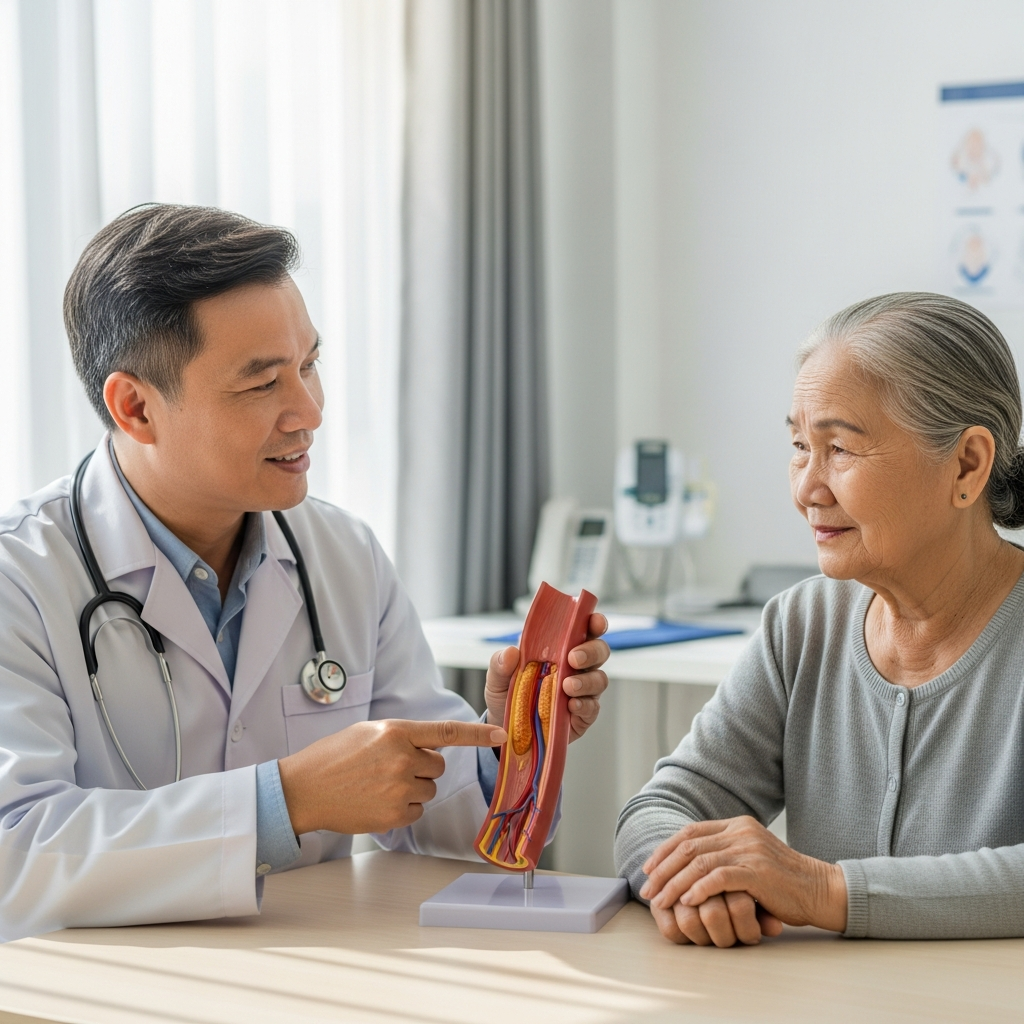 Một bác sĩ đang ân cần giải thích về nguy cơ xơ vữa động mạch cho một bệnh nhân cao tuổi trong phòng khám sạch sẽ, sáng sủa.
