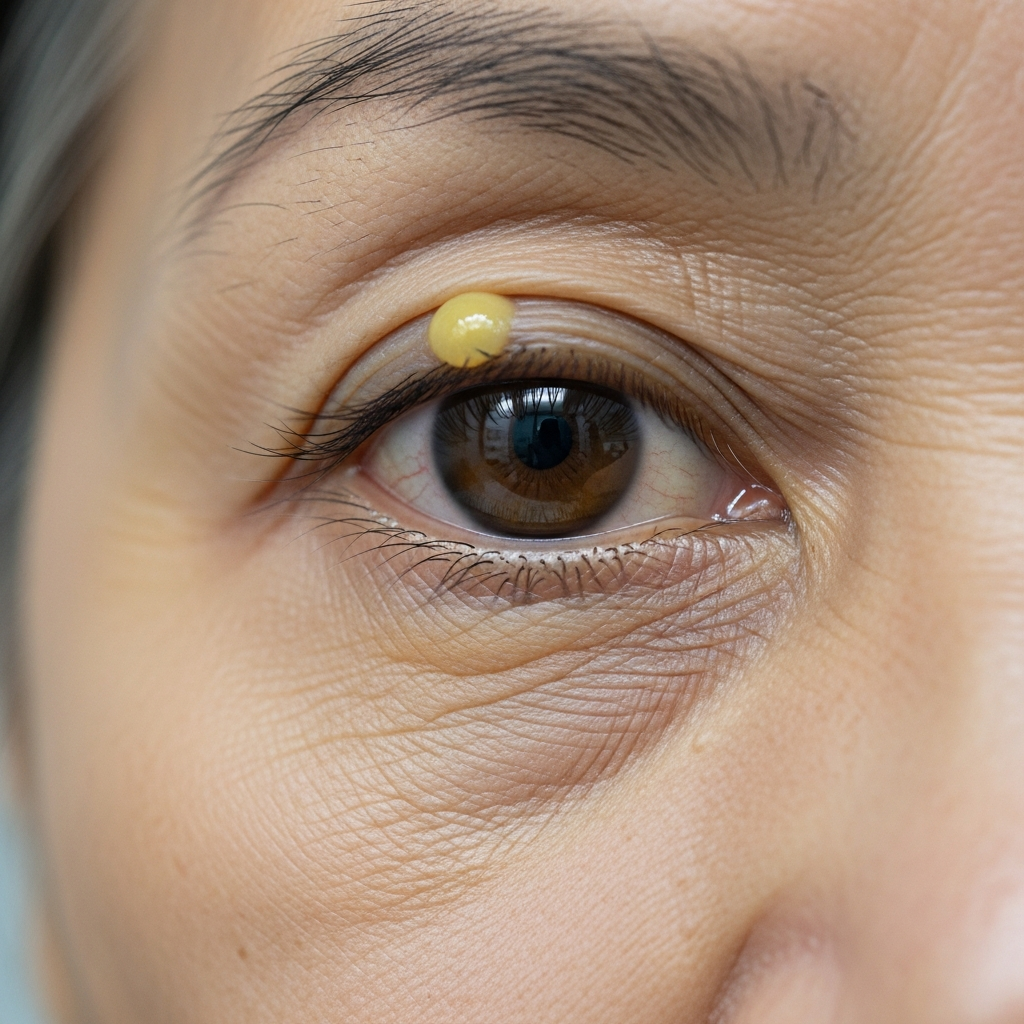 Cận cảnh u vàng mí mắt (xanthelasma), một dấu hiệu của rối loạn mỡ máu, thể hiện bằng một mảng nhỏ màu vàng nhạt trên da mí mắt của người lớn tuổi.