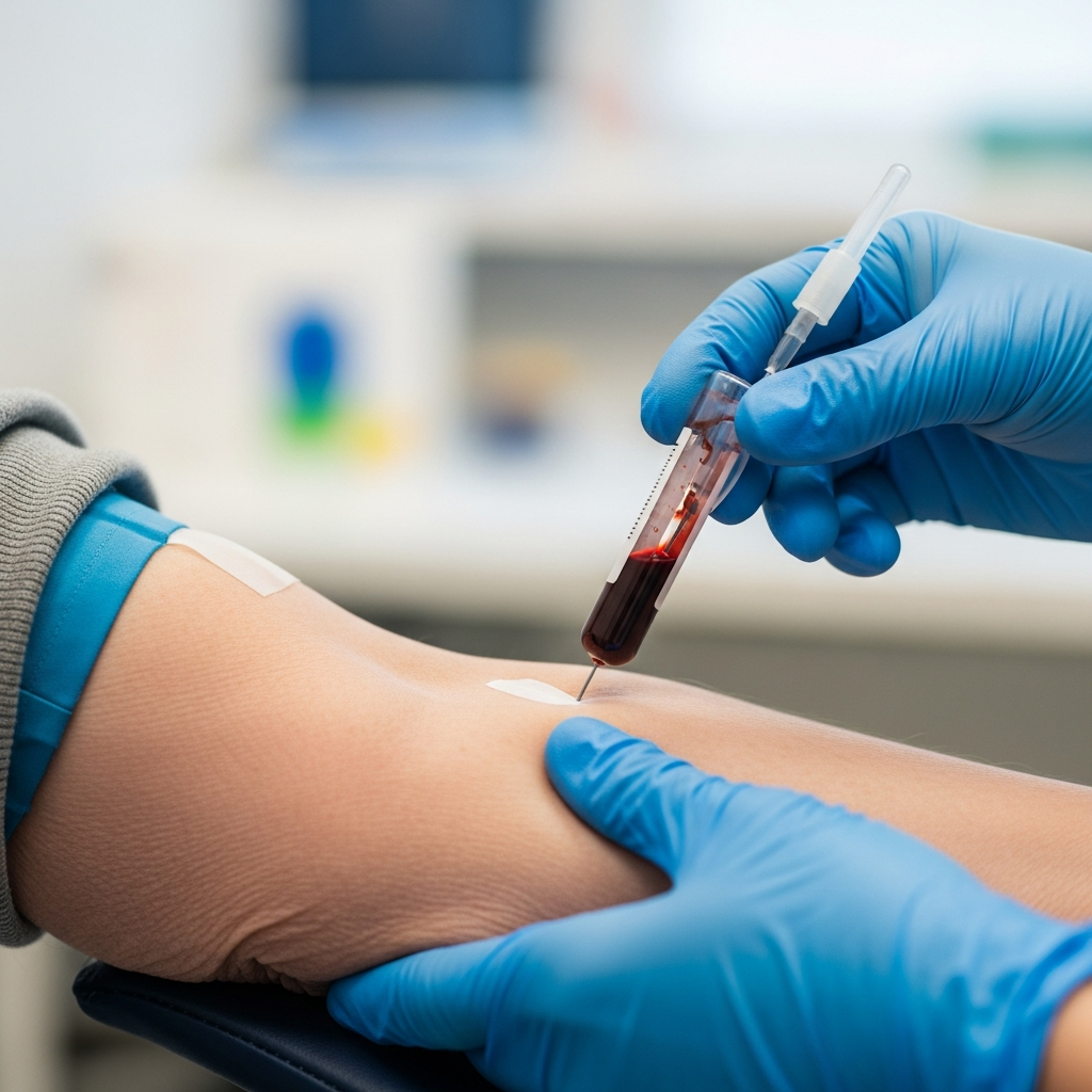 Cận cảnh một kỹ thuật viên y tế đang lấy máu từ cánh tay của một người cao tuổi để làm xét nghiệm mỡ máu.