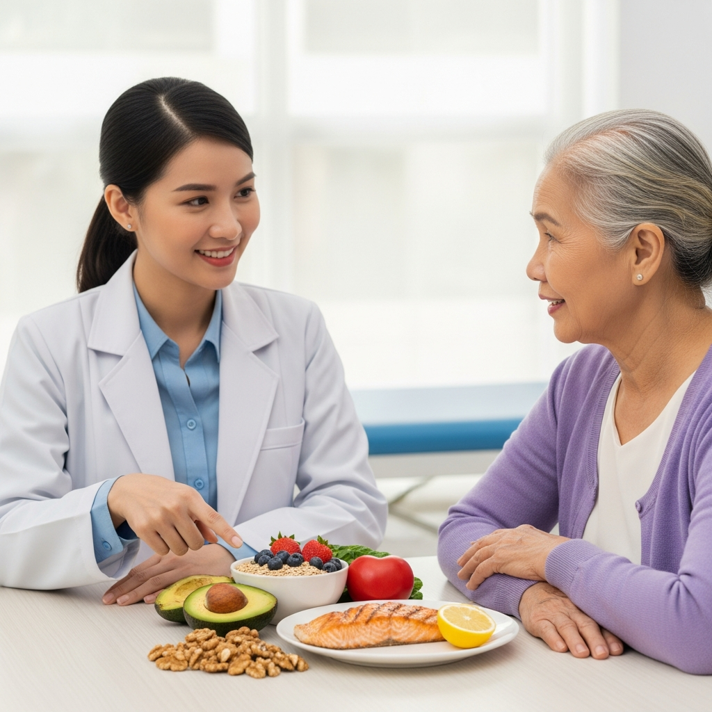 A nutritionist discusses a heart-healthy diet with an elderly patient, pointing to examples of nutritious foods like salmon, oatmeal, and avocado on the table.