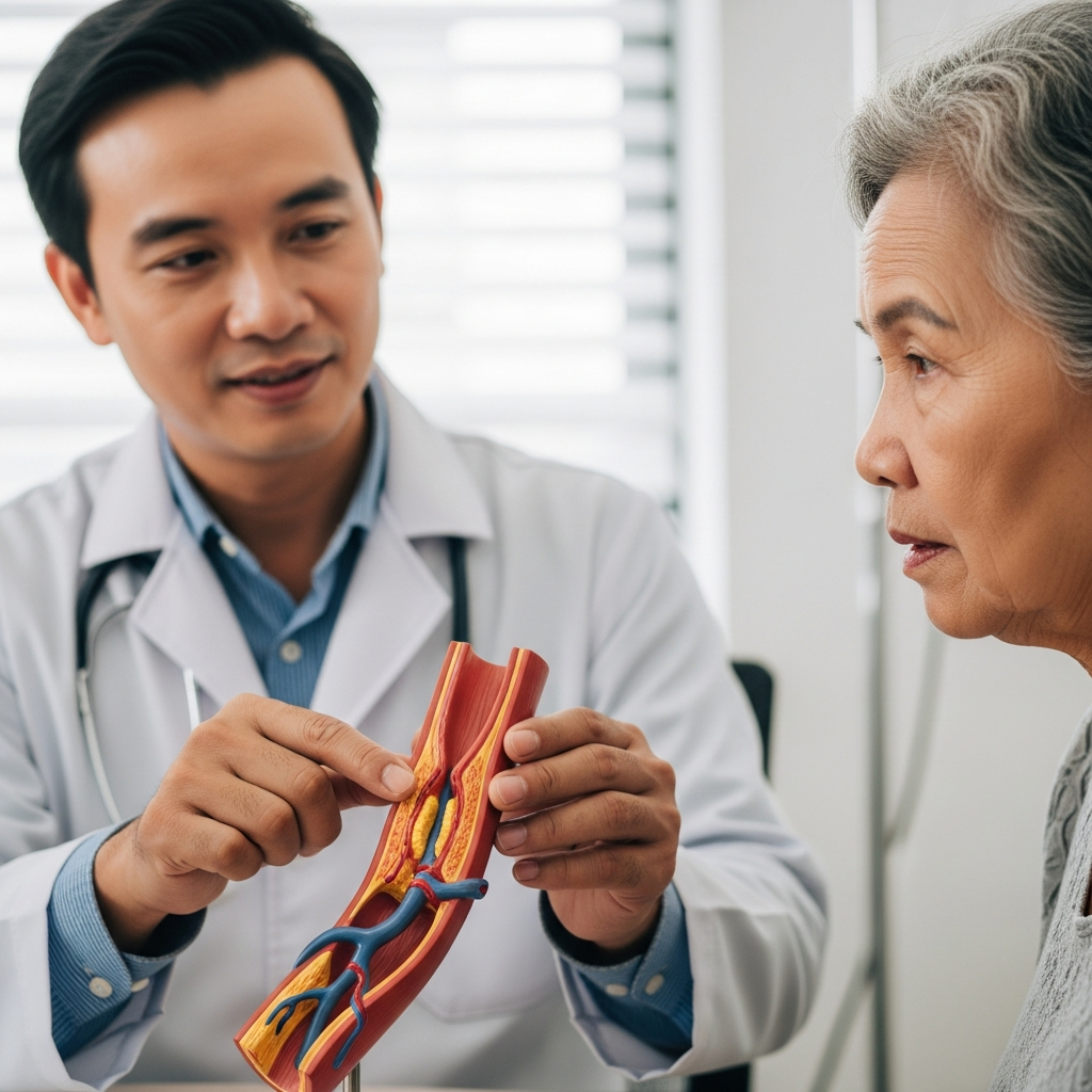 A doctor uses an anatomical model to explain to an elderly patient how high cholesterol leads to plaque buildup and narrowing of the arteries, increasing stroke risk.