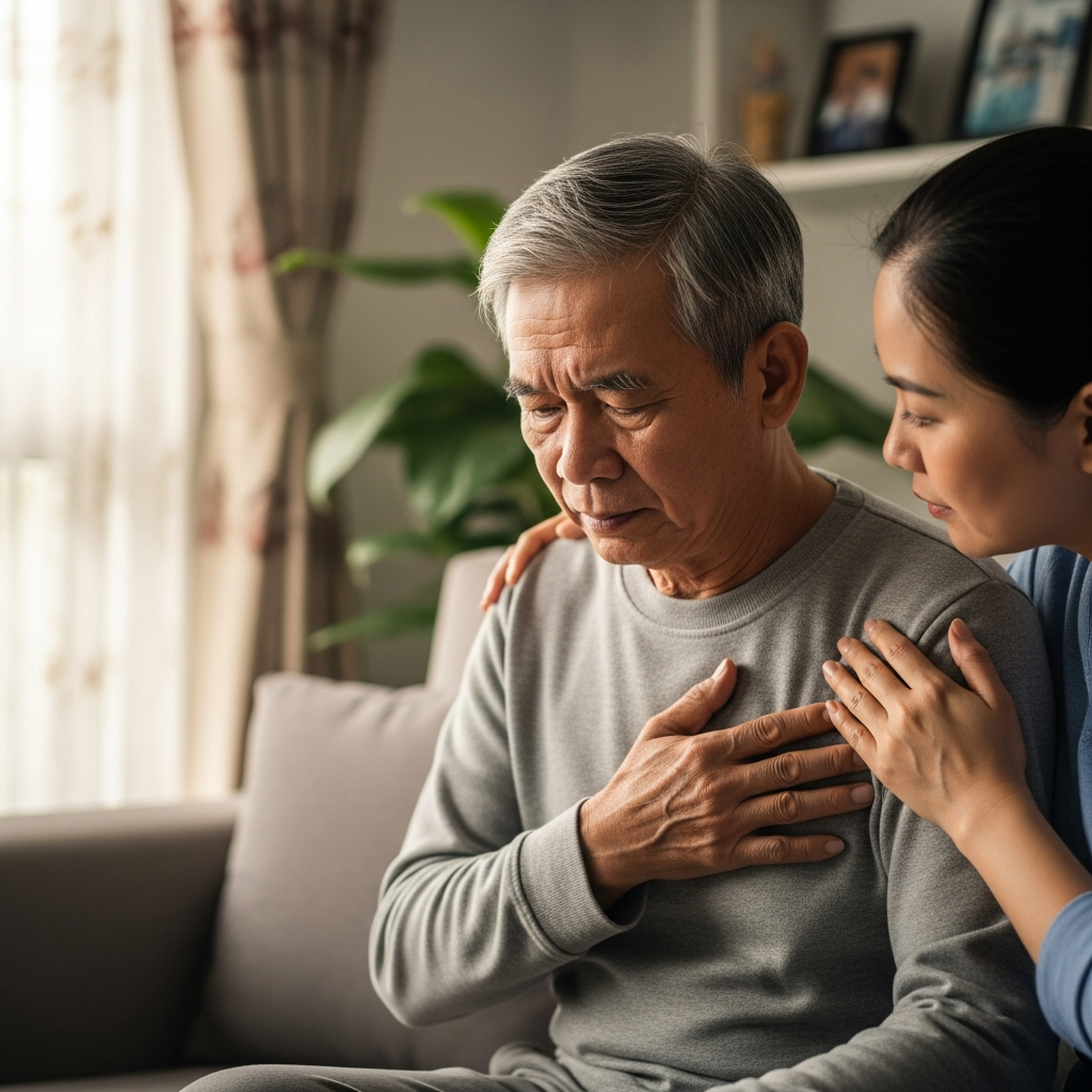 Một người đàn ông cao tuổi đang có biểu hiện đau thắt ngực, tay đặt lên ngực, với sự chăm sóc lo lắng của người thân bên cạnh, nhấn mạnh sự nguy hiểm của biến chứng tim mạch do mỡ máu cao.