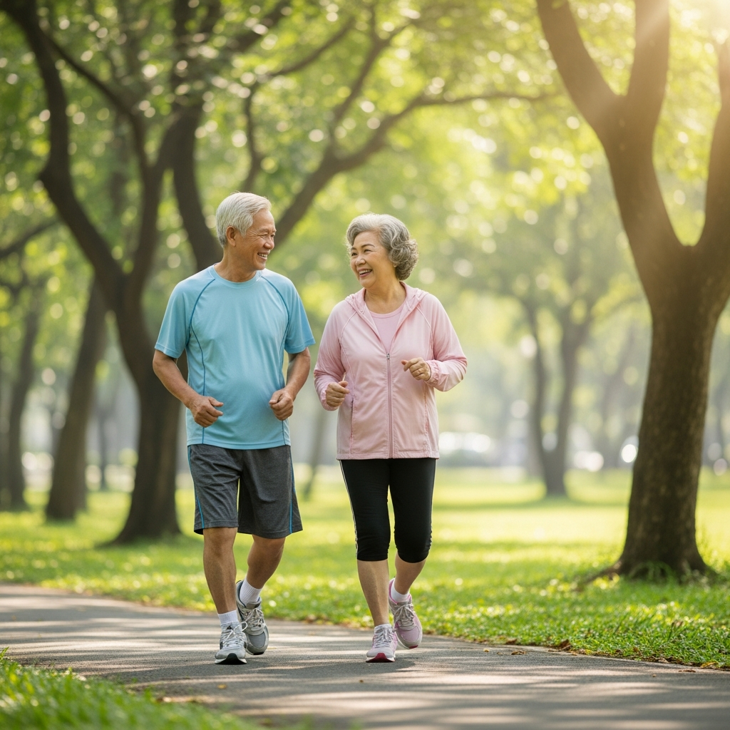 Một cặp vợ chồng cao tuổi đang vui vẻ đi bộ nhanh trong công viên xanh mát, thể hiện một lối sống năng động và lành mạnh.