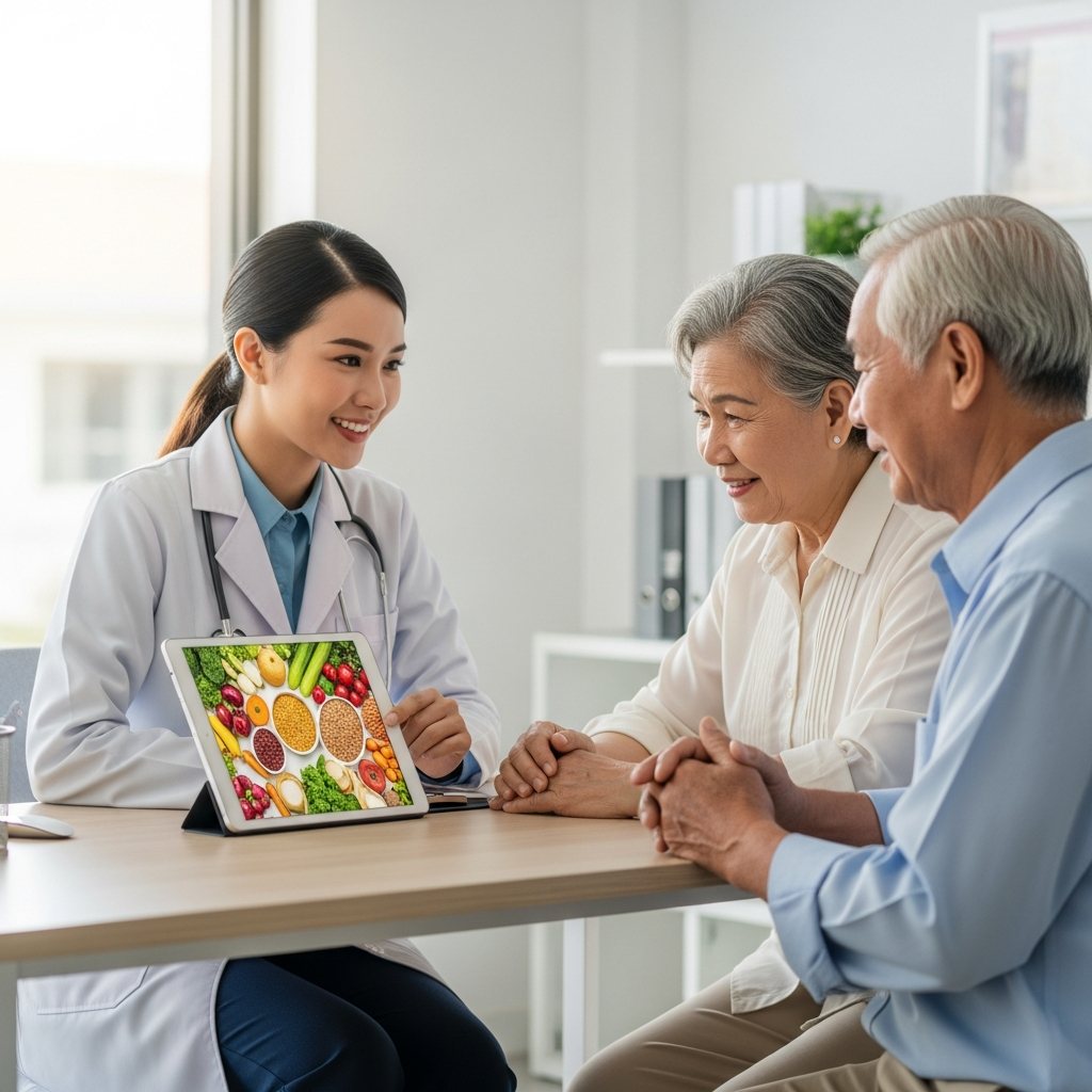 Một bác sĩ dinh dưỡng đang tận tình tư vấn về chế độ ăn uống lành mạnh cho một cặp vợ chồng cao tuổi trong một phòng khám sáng sủa, tạo cảm giác tin tưởng và lạc quan.