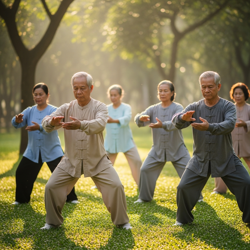 A group of seniors practicing Tai Chi together in a peaceful park, demonstrating a safe and beneficial form of exercise for older adults.