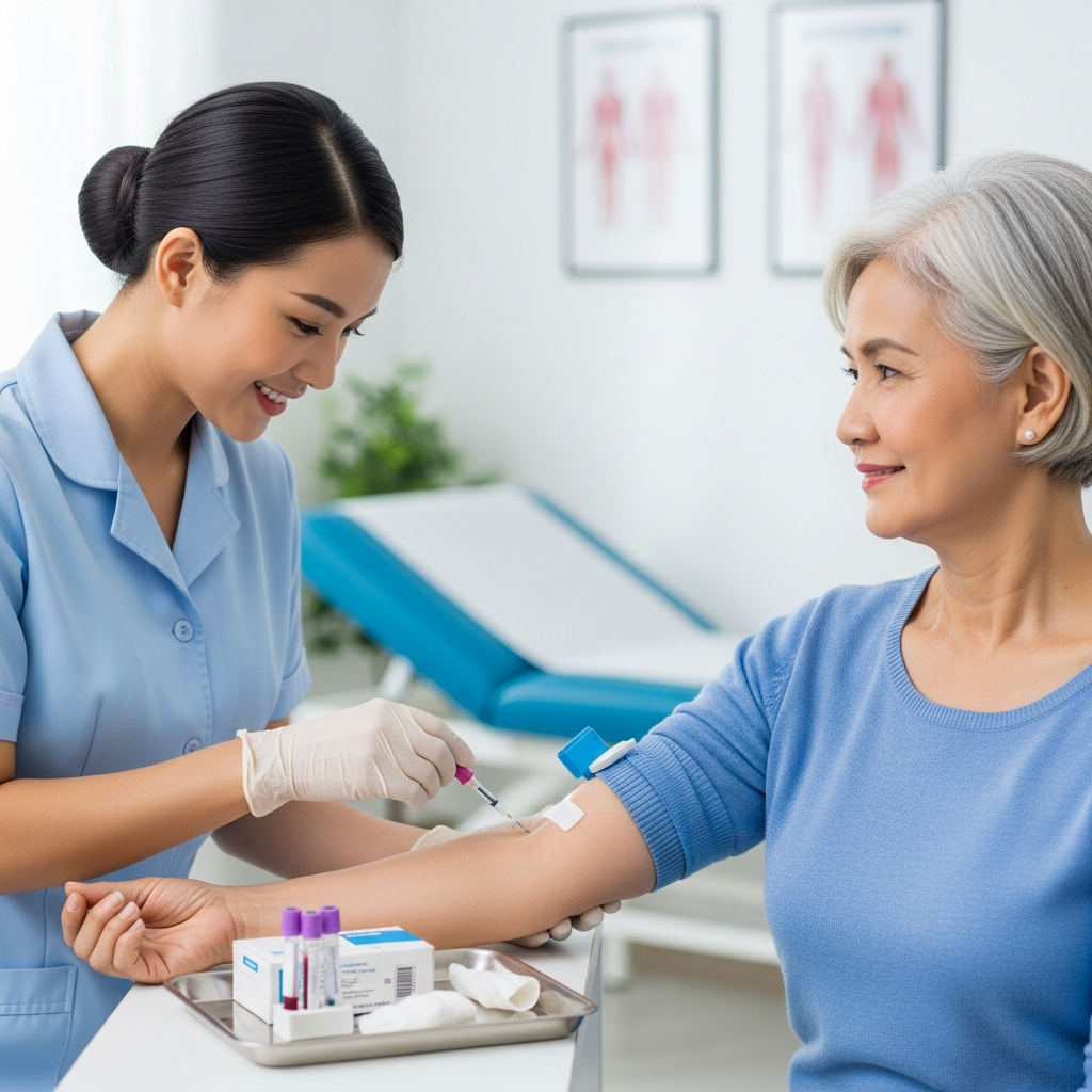 Một y tá đang nhẹ nhàng lấy máu xét nghiệm cho một bệnh nhân cao tuổi trong phòng khám, minh họa cho tầm quan trọng của việc xét nghiệm mỡ máu định kỳ để chẩn đoán sớm.
