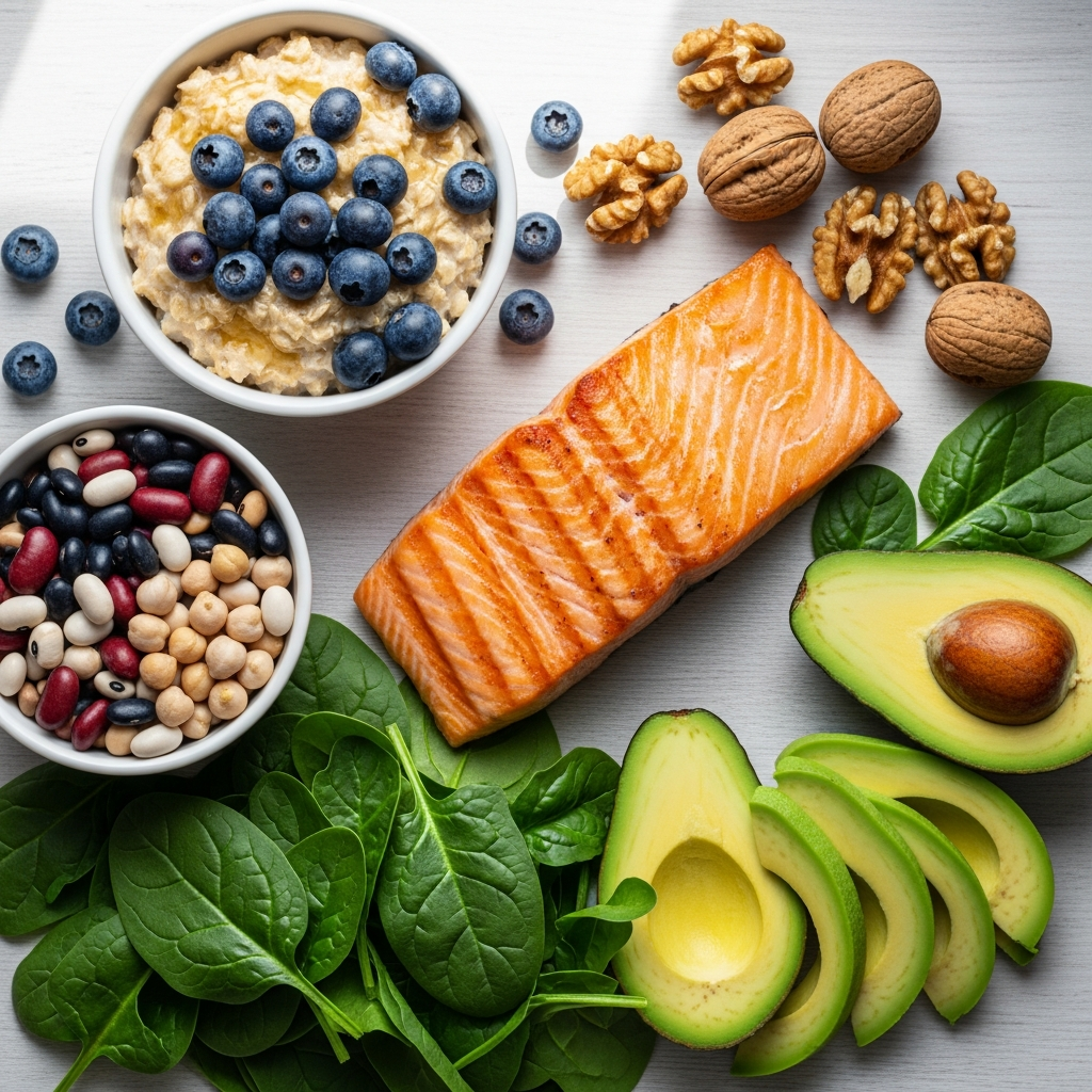 Ảnh chụp các loại thực phẩm tốt cho tim mạch được bày biện đẹp mắt, bao gồm cá hồi nướng, yến mạch, quả bơ, các loại hạt và rau xanh, tượng trưng cho một chế độ ăn uống lành mạnh.
