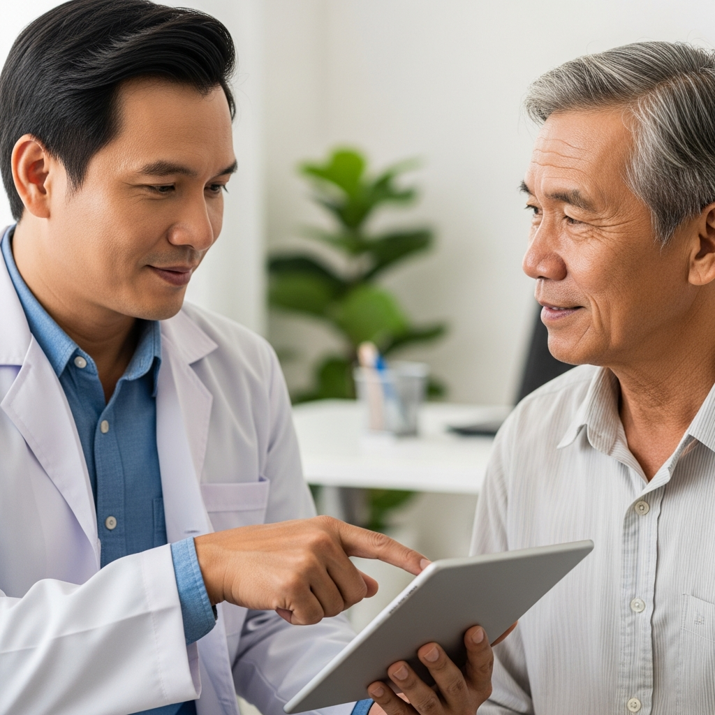A caring doctor reviews test results on a tablet with an elderly patient during a medical consultation, emphasizing the importance of regular check-ups.