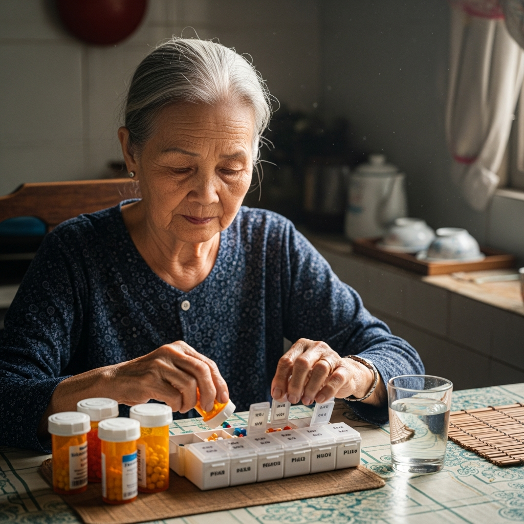 An elderly woman diligently organizes her medications into a weekly pill container, illustrating the importance of adhering to a prescribed medical treatment plan for high cholesterol.