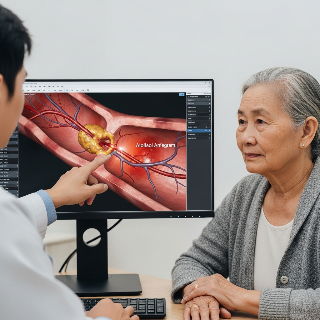 Bác sĩ đang giải thích hình ảnh xơ vữa động mạch vành cho một bệnh nhân cao tuổi, minh họa sự nguy hiểm của bệnh mỡ máu cao.