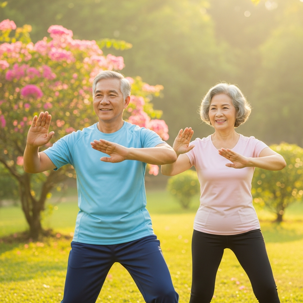 Cặp vợ chồng lớn tuổi đang cùng nhau tập thể dục ngoài trời, thể hiện tầm quan trọng của vận động trong việc phòng ngừa và điều trị mỡ máu cao.