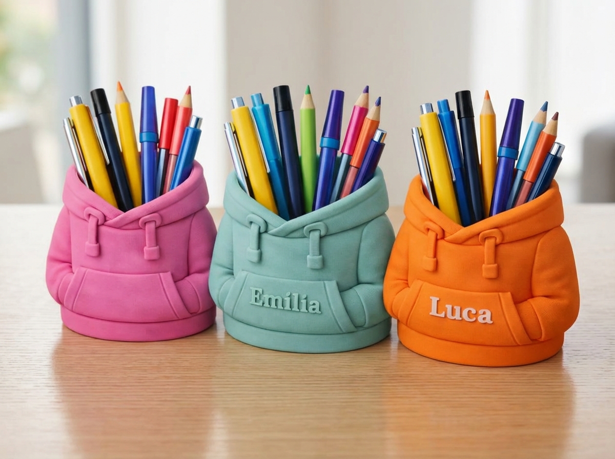 Three 3D printed pen holders shaped like miniature hoodies in pink, mint green, and orange, filled with pens and pencils, featuring the names Emilia and Luca on the front pocket.