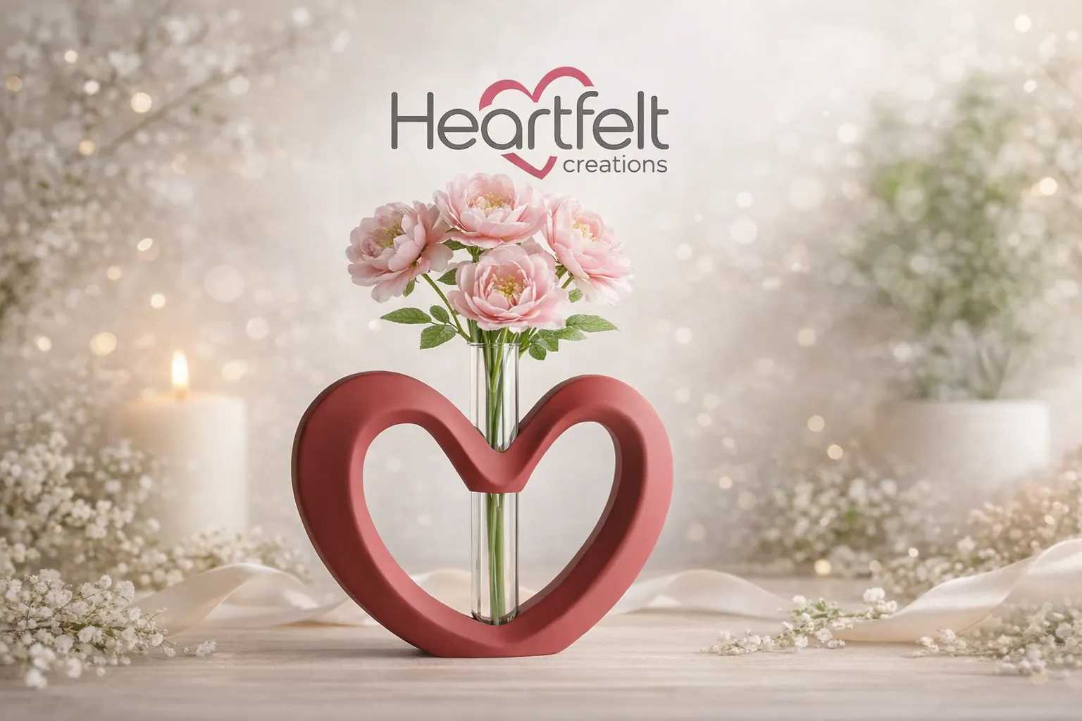 A matte, reddish-pink 3D-printed heart-shaped sculpture holding a thin glass test tube vase with several soft pink roses. The setting is romantic, featuring soft bokeh lights, a white candle, and baby's breath flowers on a light wooden surface.