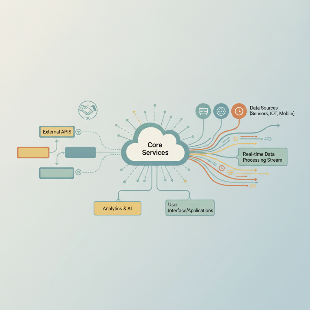 Una ilustración de una arquitectura de software moderna que muestra integraciones de API y flujos de datos en tiempo real.