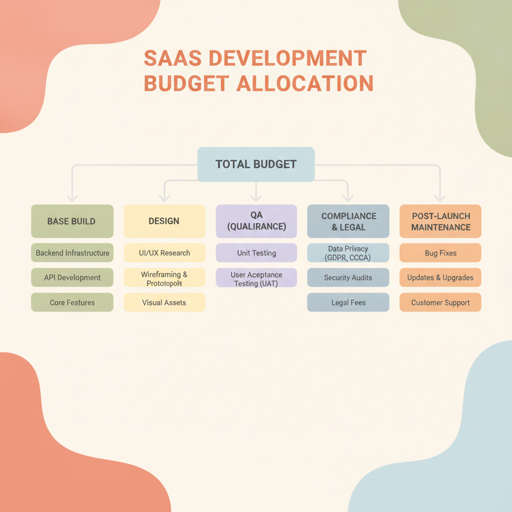 A detailed flowchart showing the breakdown of a SaaS development budget, highlighting base build, design, QA, compliance, and post-launch maintenance.