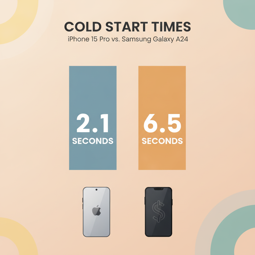 Comparison chart of cold start times on iPhone 15 Pro and Samsung Galaxy A24