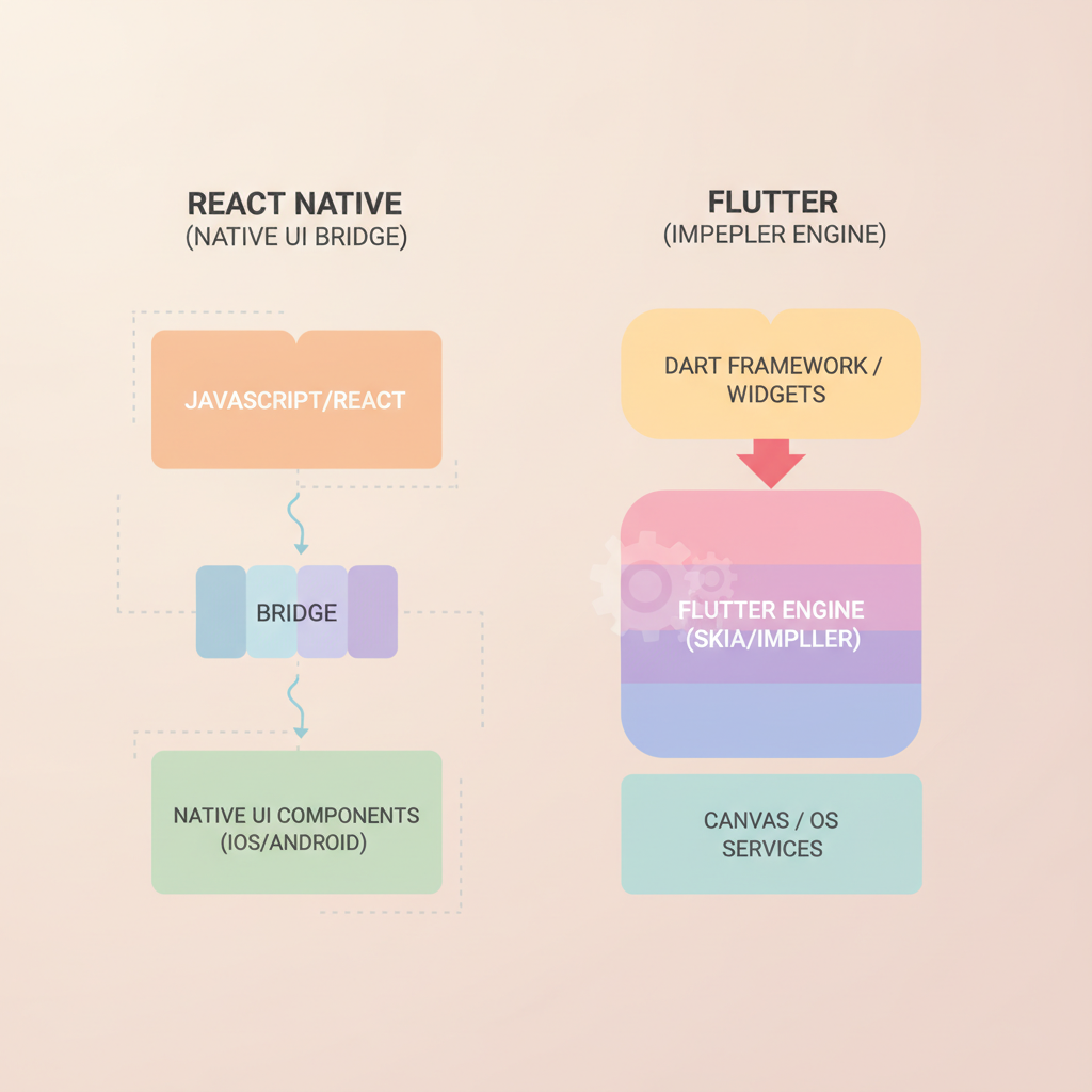 Architecture comparison showing React Native's native UI bridge vs Flutter's custom Impeller engine