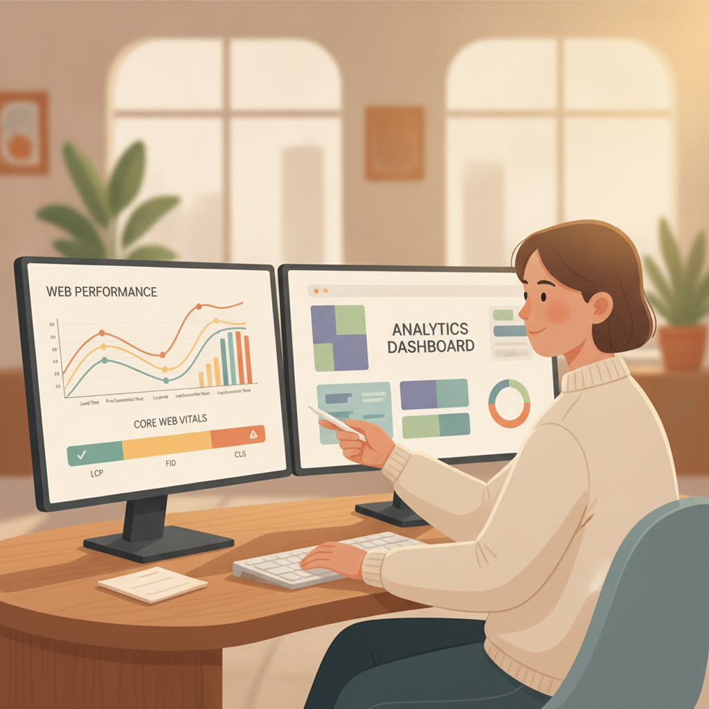 Developer analyzing web performance metrics and Core Web Vitals on a dual-monitor setup