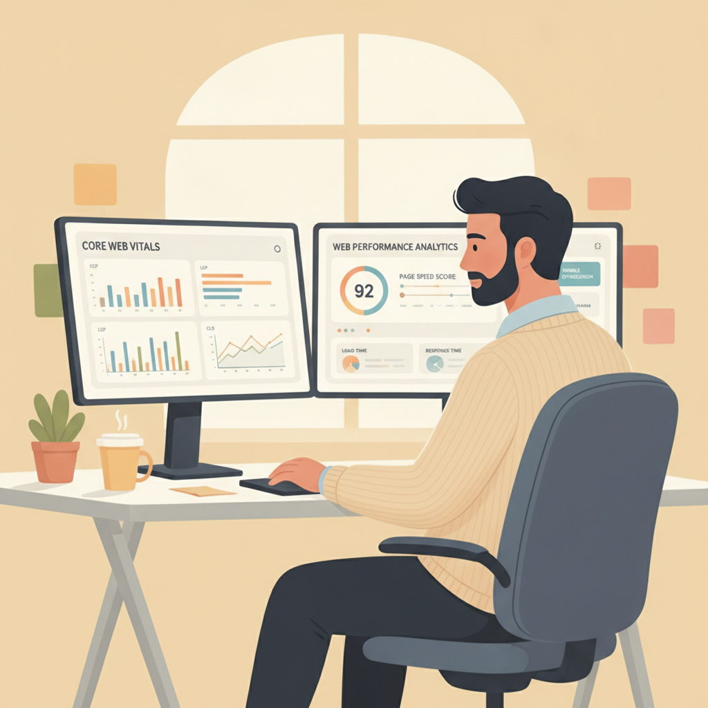 Desarrollador analizando métricas de rendimiento web y Core Web Vitals en una configuración de doble monitor