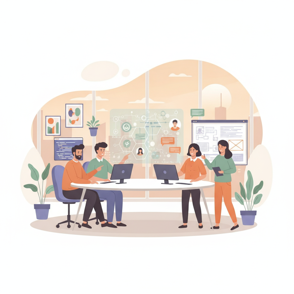 Software developers and product strategists collaborating on user experience design and system architecture