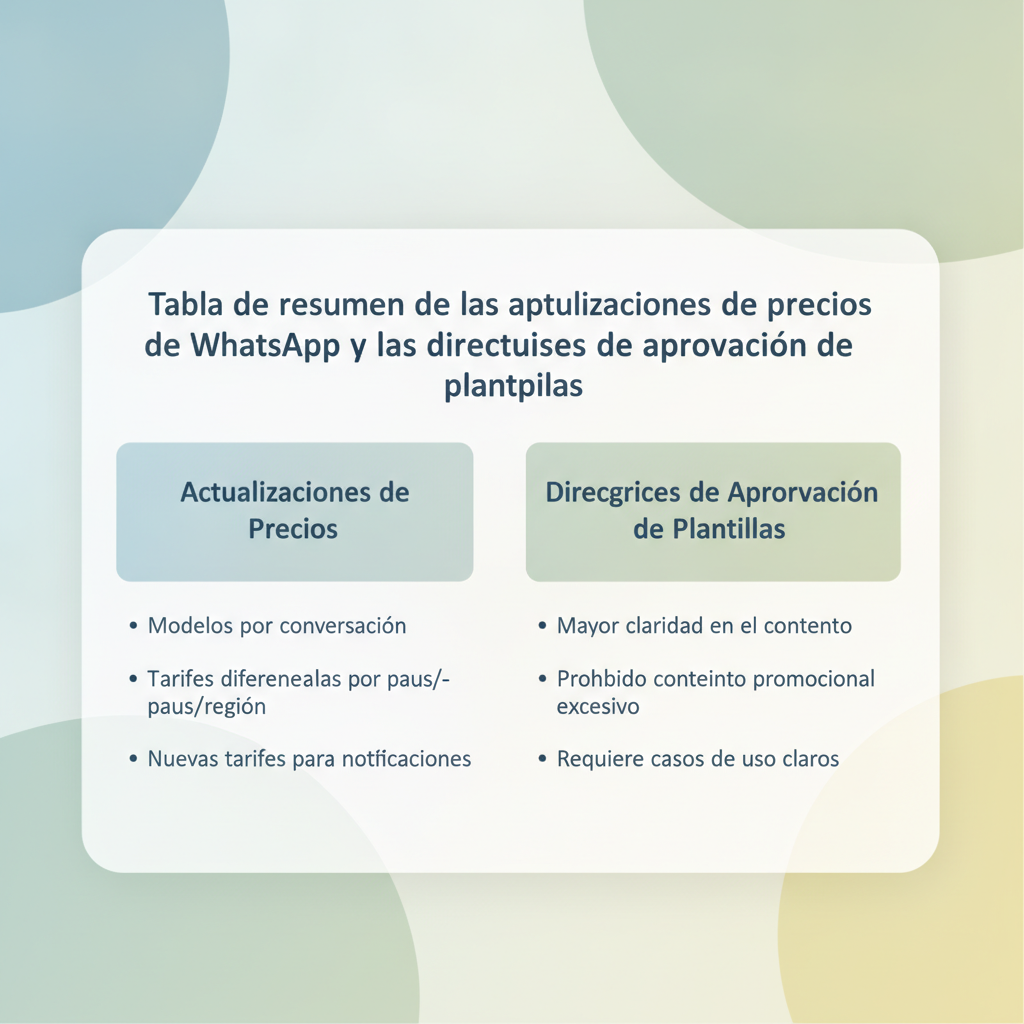 Tabla de resumen de las actualizaciones de precios de WhatsApp y las directrices de aprobación de plantillas