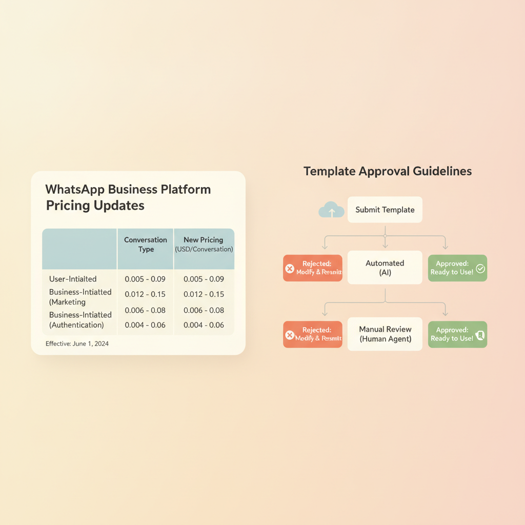 Summary table of WhatsApp pricing updates and template approval guidelines