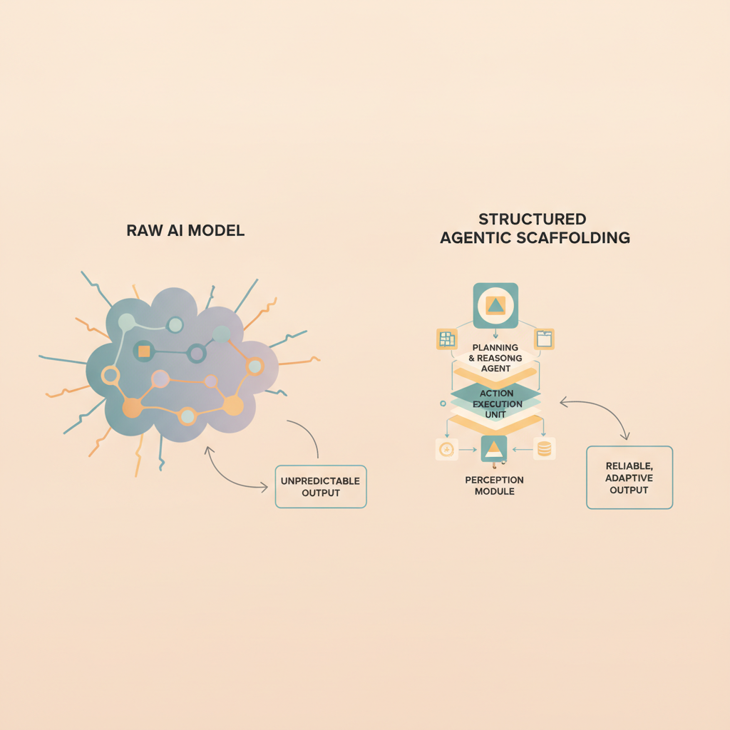 Diagram showcasing the difference between raw AI models and structured agentic scaffolding