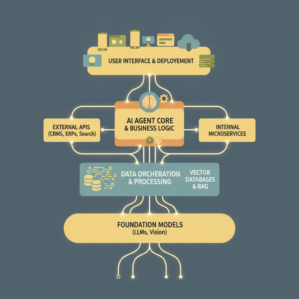 Illustration of complex API integration layers required for production-ready AI agents